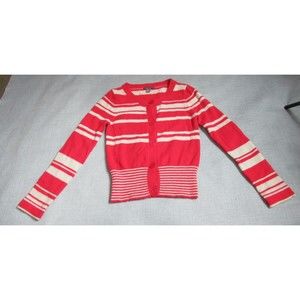 Orla Kiely Womens Cardigan Size 3 Red Taupe Lambswool Angora Sweater Elbow Patch